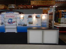 RENTAL: Inline Small and Large Clear Acrylic Shelves, Custom Product Display Kiosk, Tension Fabric Graphics, and Sintra Header and Counter Graphics