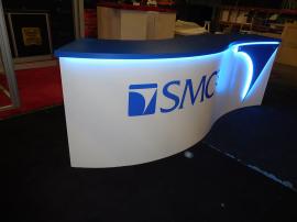 Custom Curved Counter with LED Accent Lights, Standoff Logo, Storage, and Wire Management